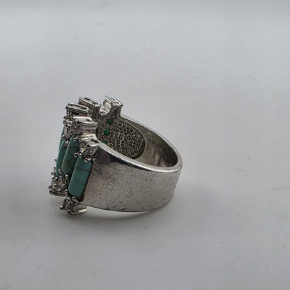 Silver Tone Faux Turquoise & Clear Stone Statement Ring Size 8 Costume fashion