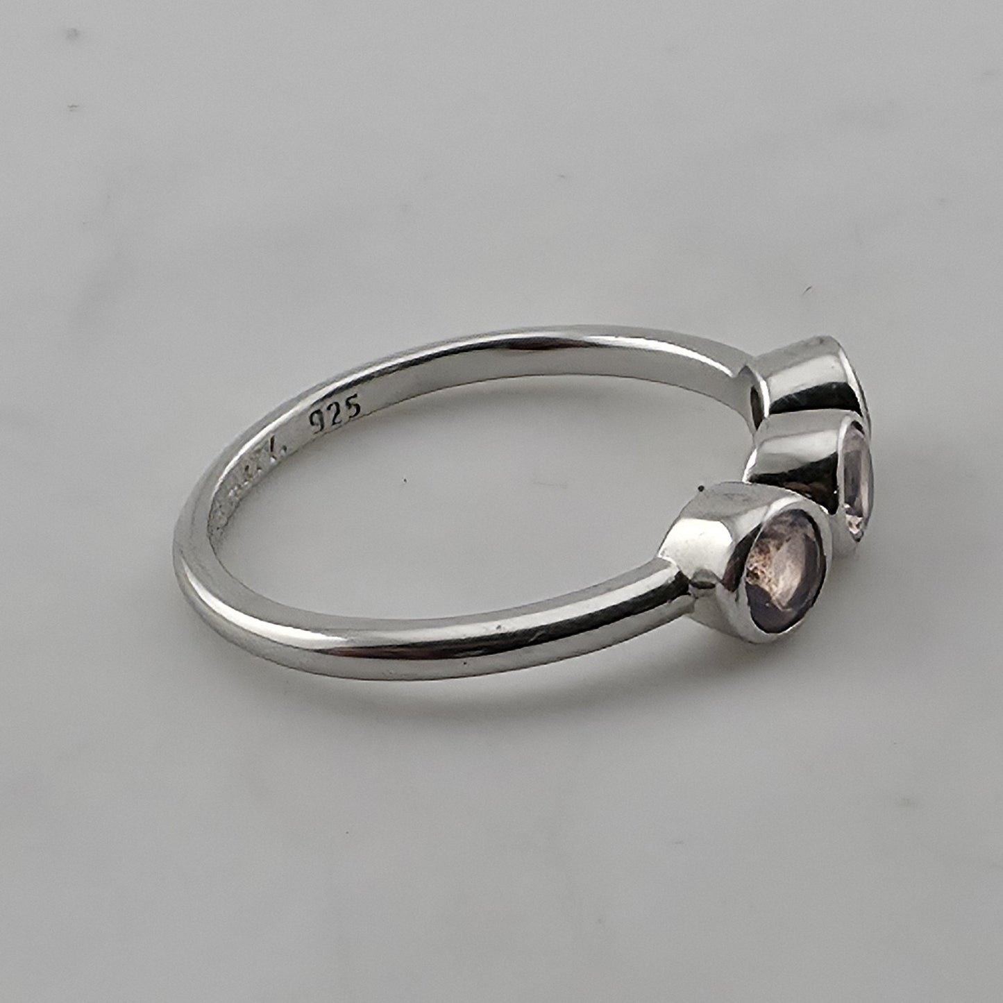 Bomb Party 925 Sterling Silver Purple Amethyst 3 Stone Ring Size 8 Bezel Set