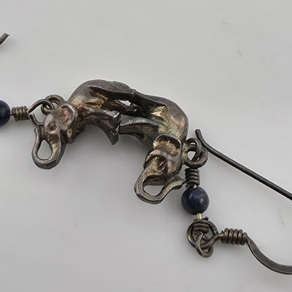 Vintage Elephant Dangle Earrings Blue Bead Silver Tone Boho Tribal Jewelry