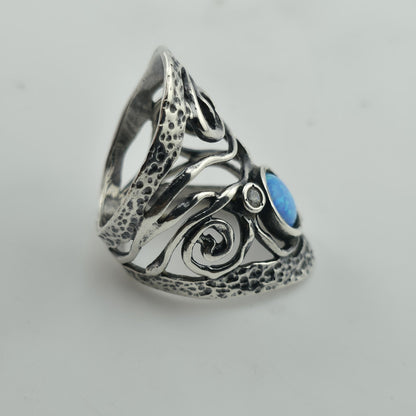 Israel 925 Sterling Silver Ring Size 8 Blue Opal Wide Band Abstract