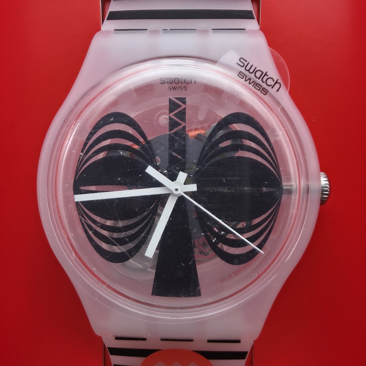 NEW Swatch MASKARA Skeleton Clear Dial Silicone Stripes Watch SUOW122