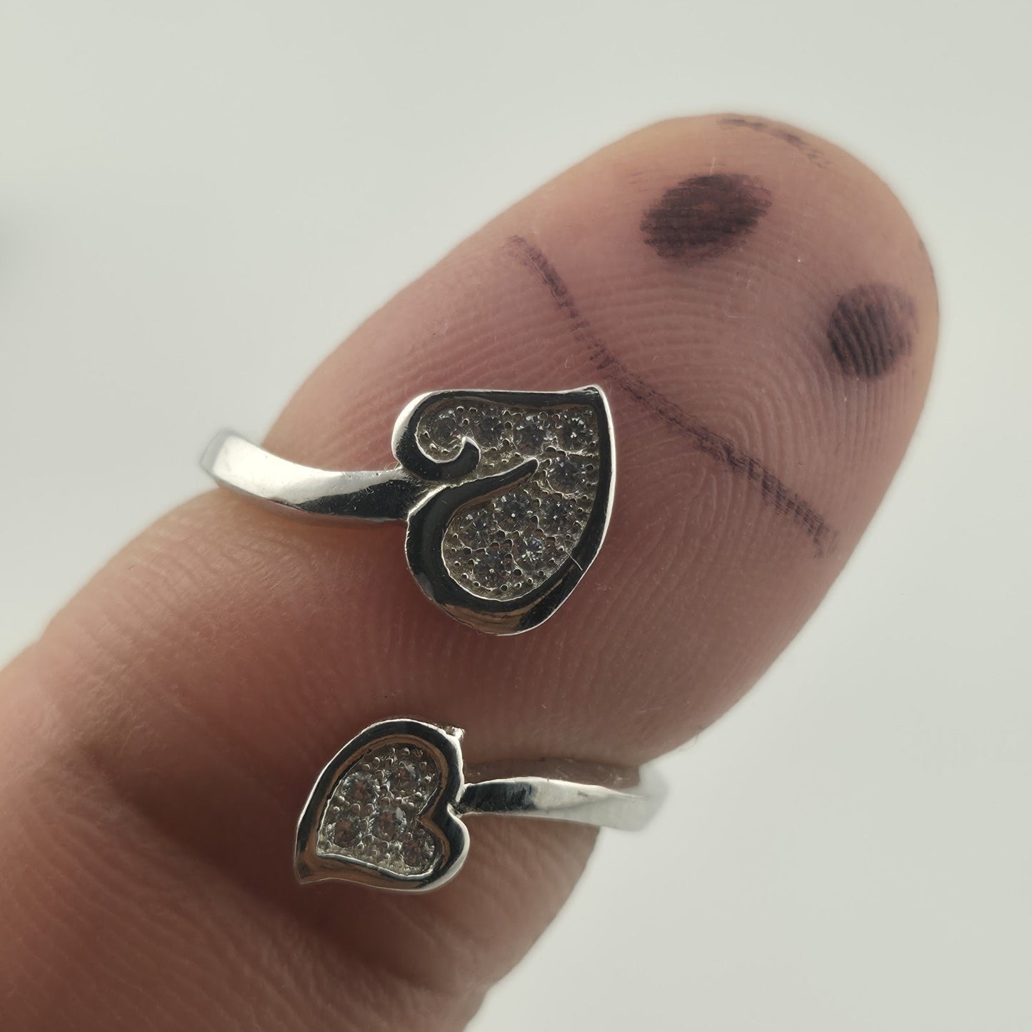 Sterling Silver 925 Double Heart Adjustable Ring Cubic Zirconia Jewelry
