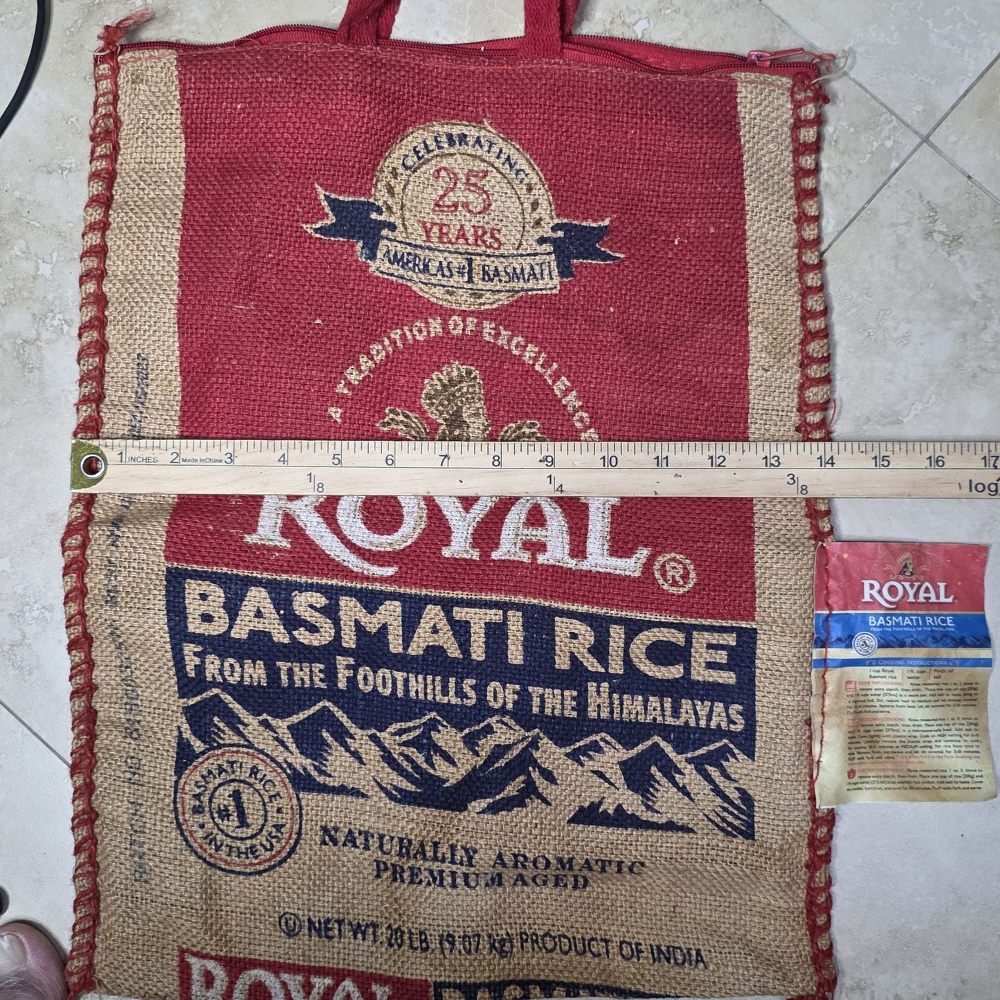 Royal Basmati Rice Burlap Tote Bag Upcycled Sack Reusable Market Bag Red