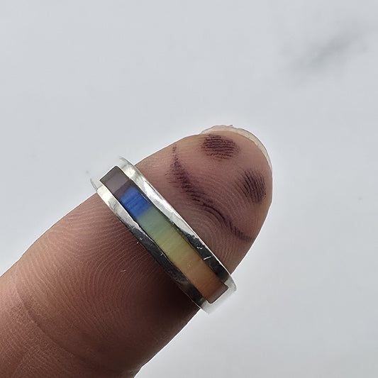 Vintage 925 sterling silver Mother Of Pearl rainbow inlay Ring Band Size 9.25