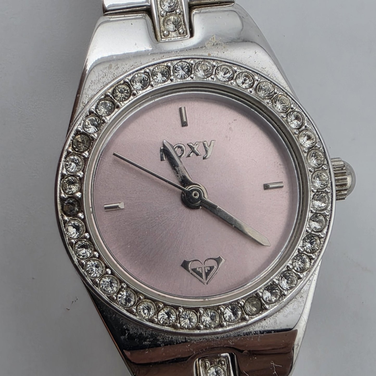 Vintage Roxy RX1090 Pink Dial Rhinestone Quartz Watch Womens Stainless Steel