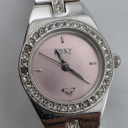 Vintage Roxy RX1090 Pink Dial Rhinestone Quartz Watch Womens Stainless Steel