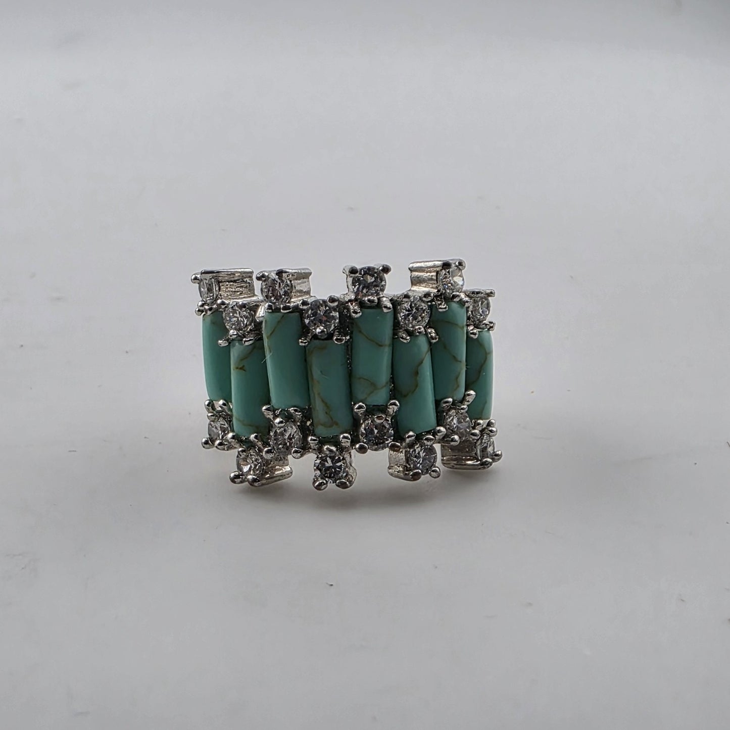 Silver Tone Faux Turquoise & Clear Stone Statement Ring Size 8 Costume fashion