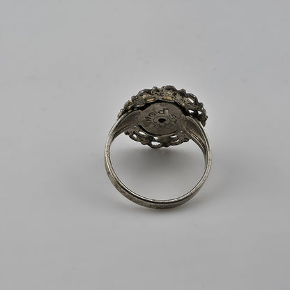 Vintage Mid Century Sterling Silver Black Onyx Ring Size 6.5 Filigree Statement