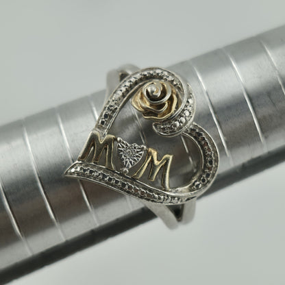 Sterling Silver Ring 925 Mom Heart Diamond Two Tone Size 8.75 Vintage