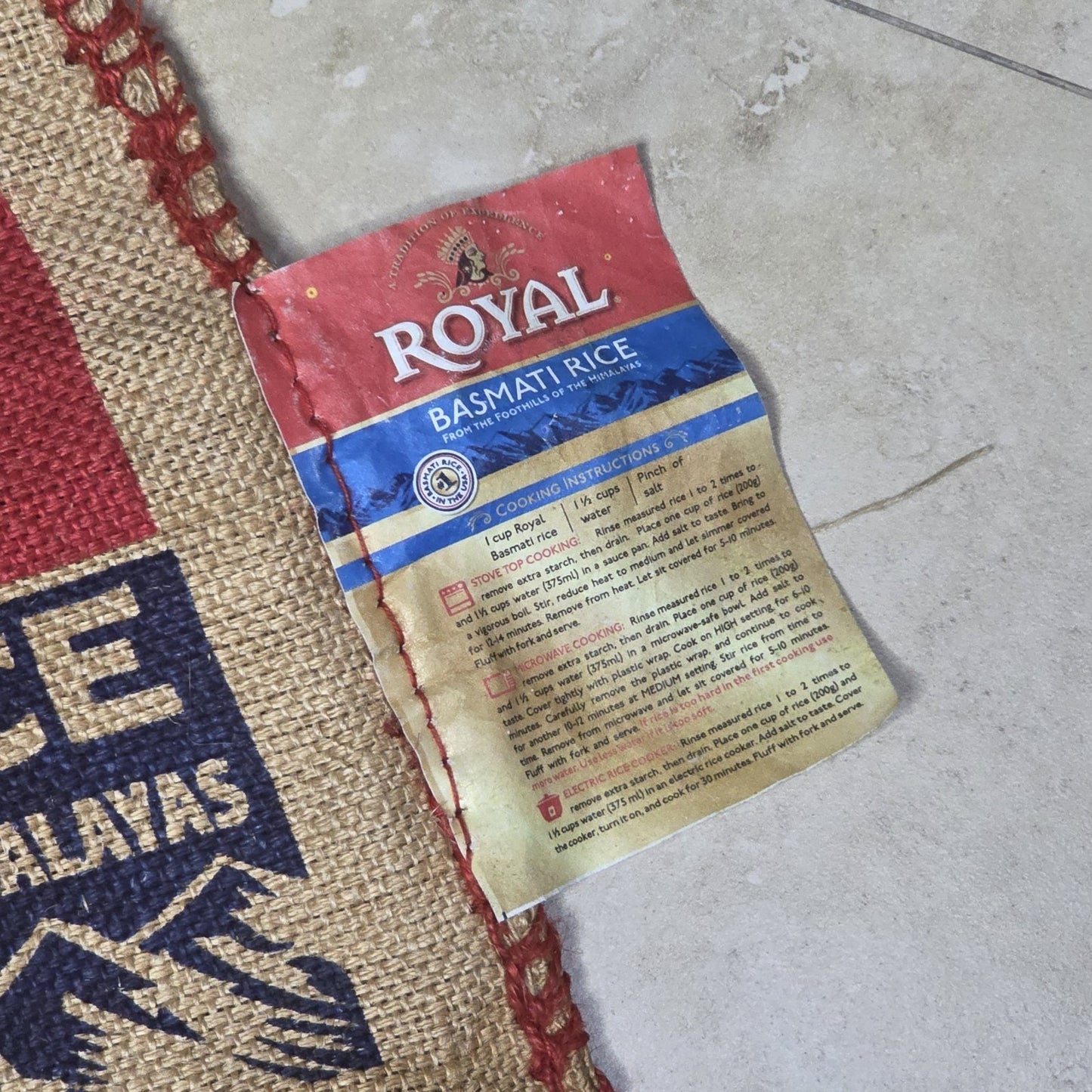 Royal Basmati Rice Burlap Tote Bag Upcycled Sack Reusable Market Bag Red