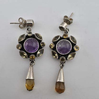 Vintage 925 Sterling Silver Amethyst Citrine Dangle Earrings Gemstone Drop Boho