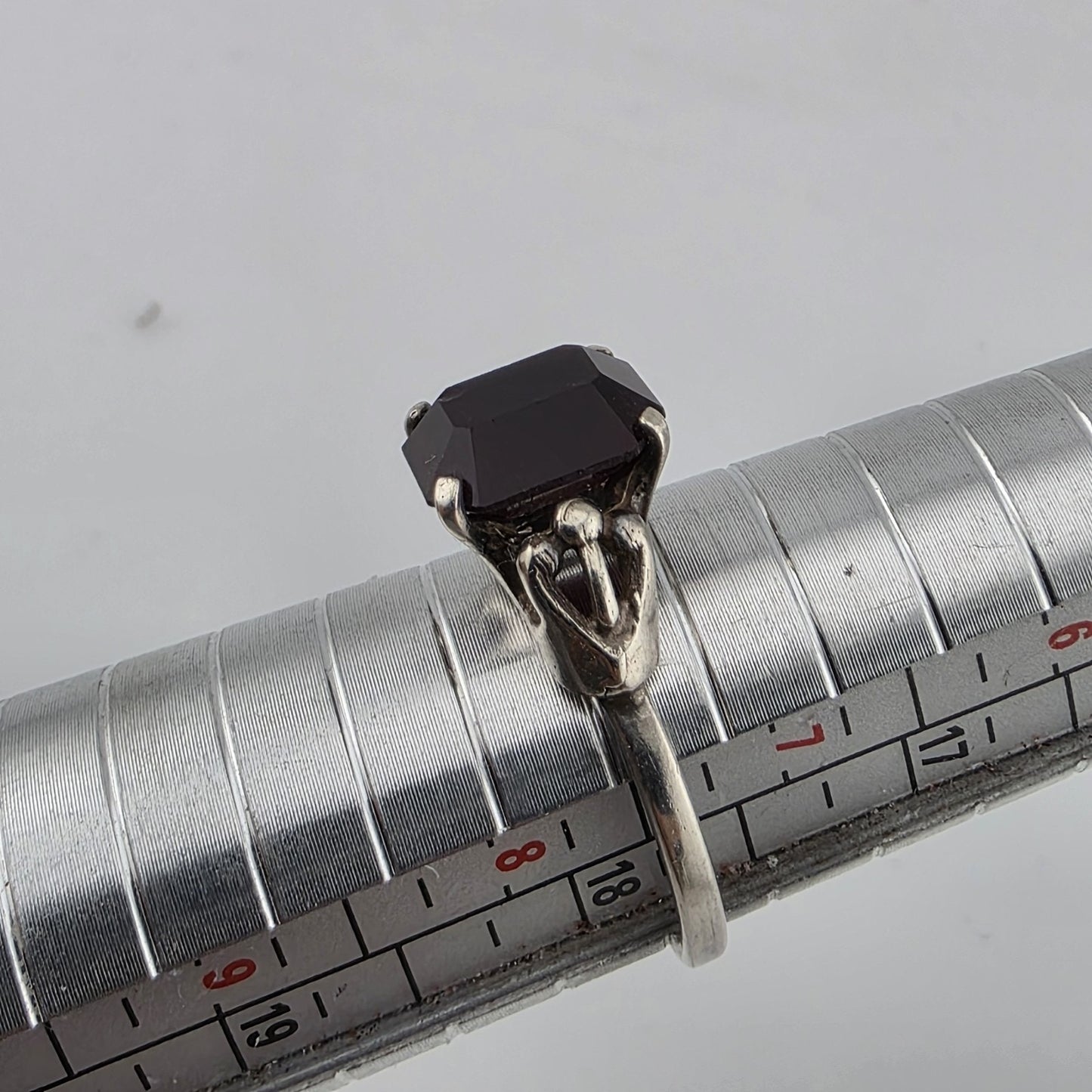 Vintage Sterling Silver Ring SARAH COVENTRY Emerald-Cut Garnet Solitaire 7.75