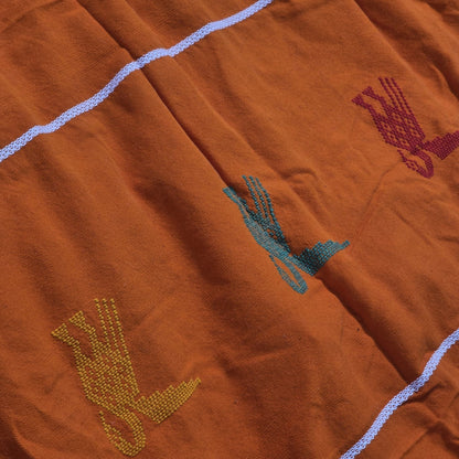 Vintage Mexican Handwoven Orange Blanket Bird Embroidery Serape Textile Throw