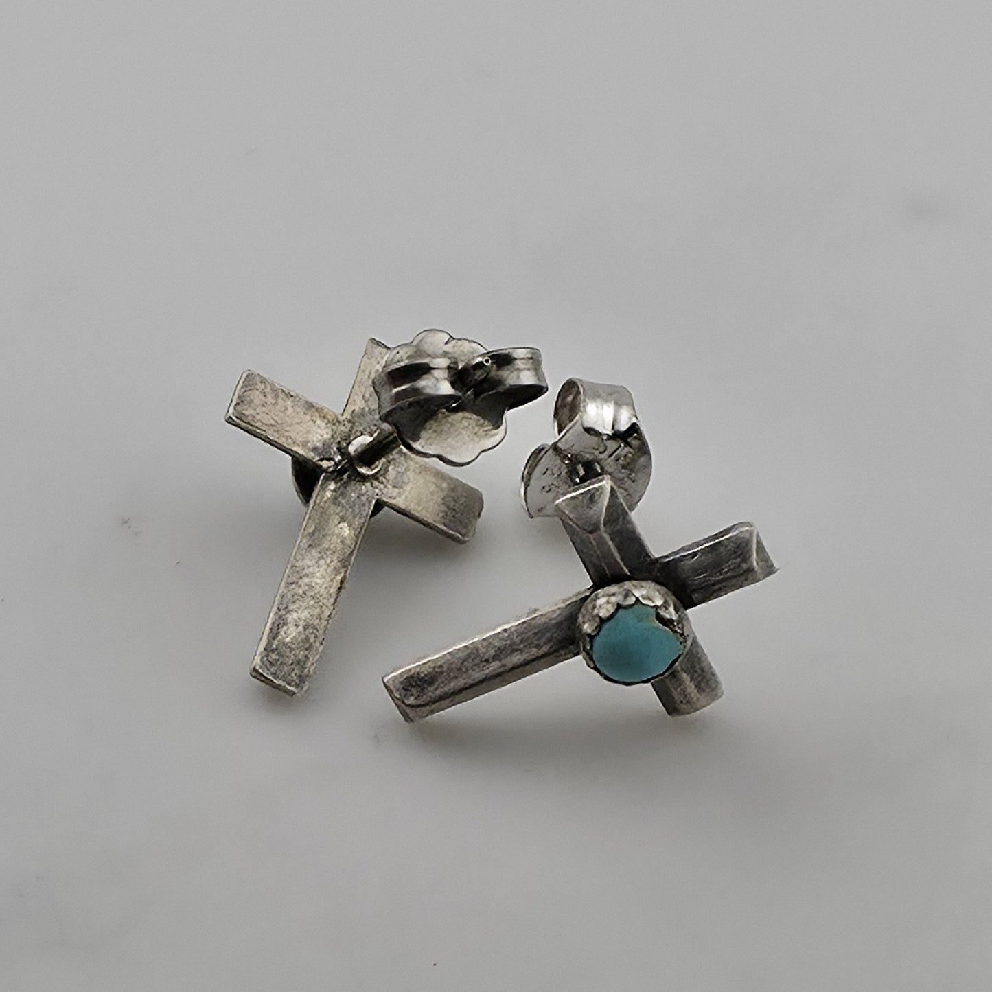 Vintage 925 Sterling Silver Turquoise Cross Stud Earrings Southwestern Faith