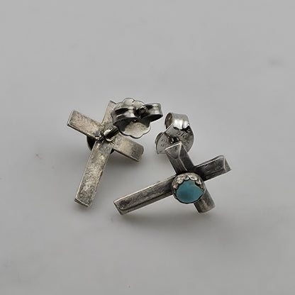 Vintage 925 Sterling Silver Turquoise Cross Stud Earrings Southwestern Faith