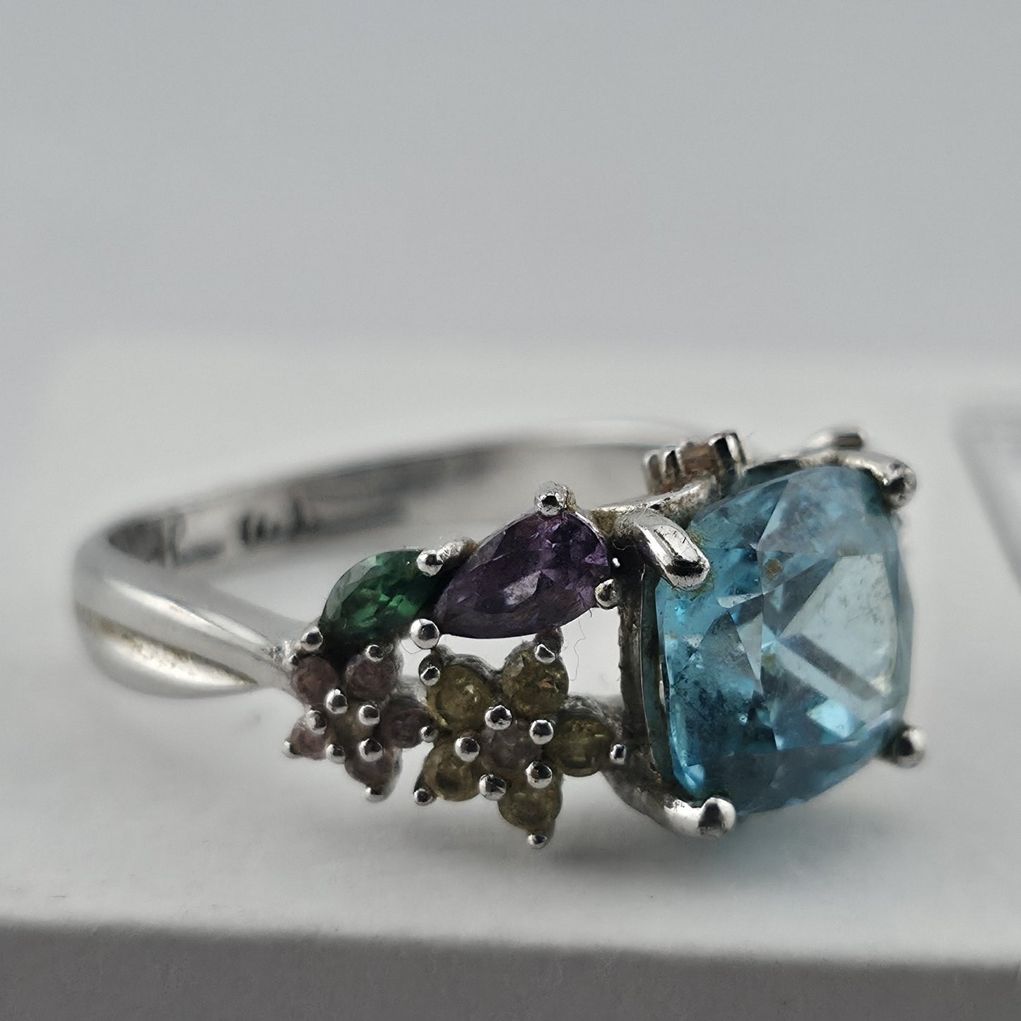 Thomas Kinkade BGE 925 Sterling Silver Multi Gem Floral Ring Blue Stone Size 9