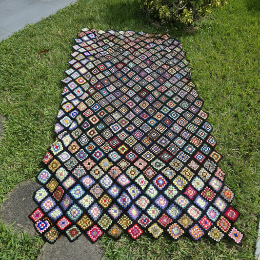 Vintage Handmade Granny Square Crochet Blanket Afghan Black Multicolor Throw