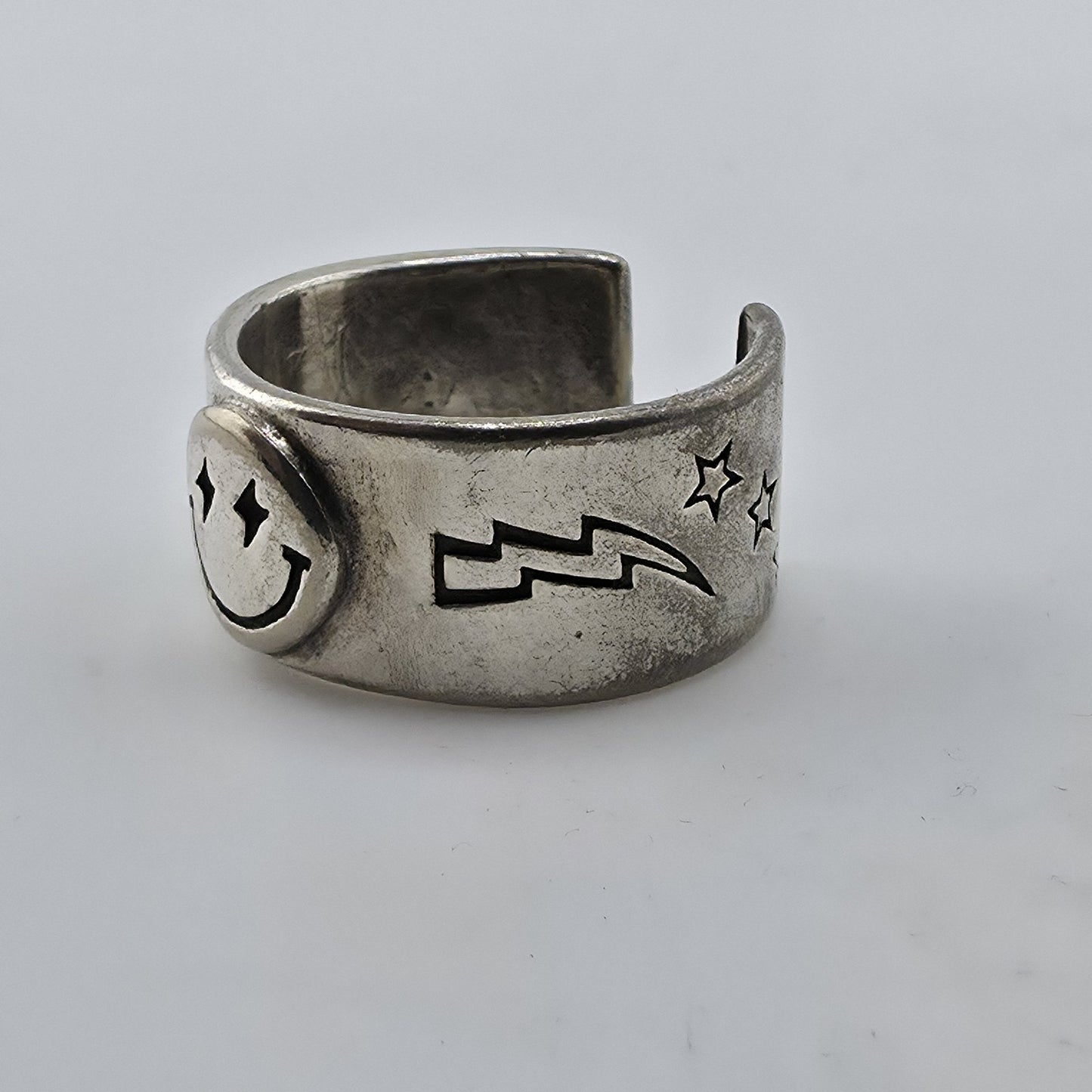 Sterling Silver 925 Smiley Face Ring Size 9 Wide Band Lightning Star Vintage