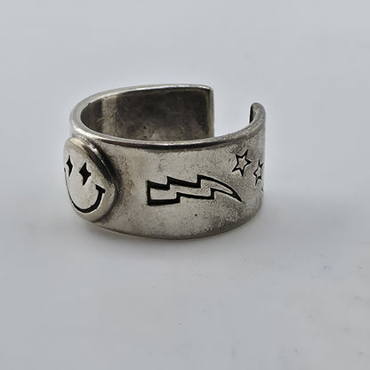Sterling Silver 925 Smiley Face Ring Size 9 Wide Band Lightning Star Vintage
