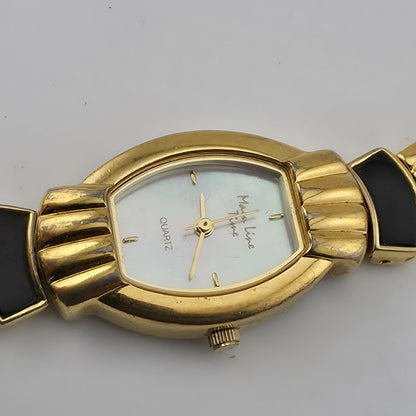 Main Line Time Quartz Watch Gold Tone Black Bracelet Tested Working 7"