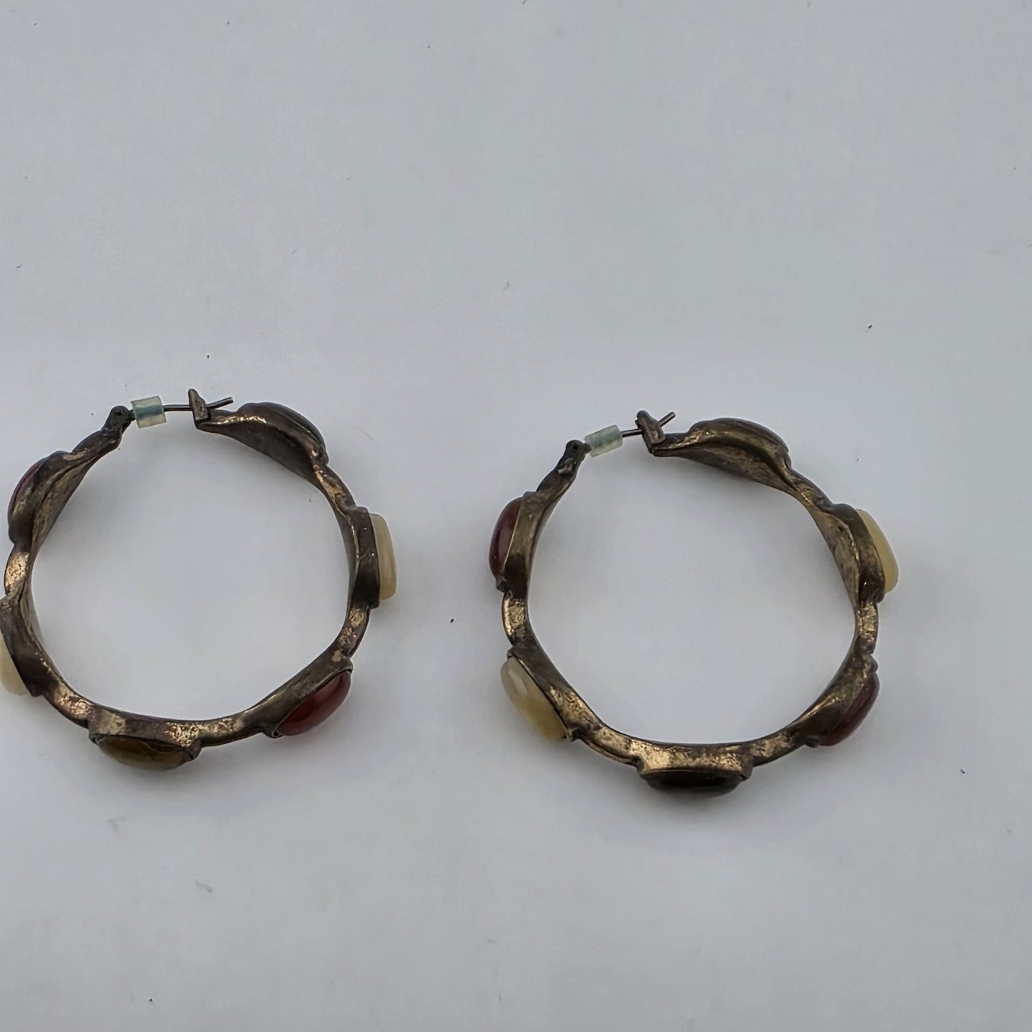 Vintage Gold Tone Hoop Earrings Multi Stone Cabochon Boho 34mm Fashion Jewelry