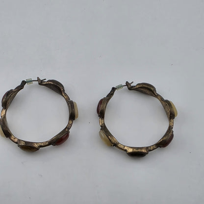 Vintage Gold Tone Hoop Earrings Multi Stone Cabochon Boho 34mm Fashion Jewelry