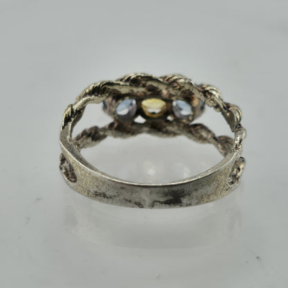 Vintage Sterling Silver Three Stone Ring Size 6.25Mother Grandmother Rope Ring