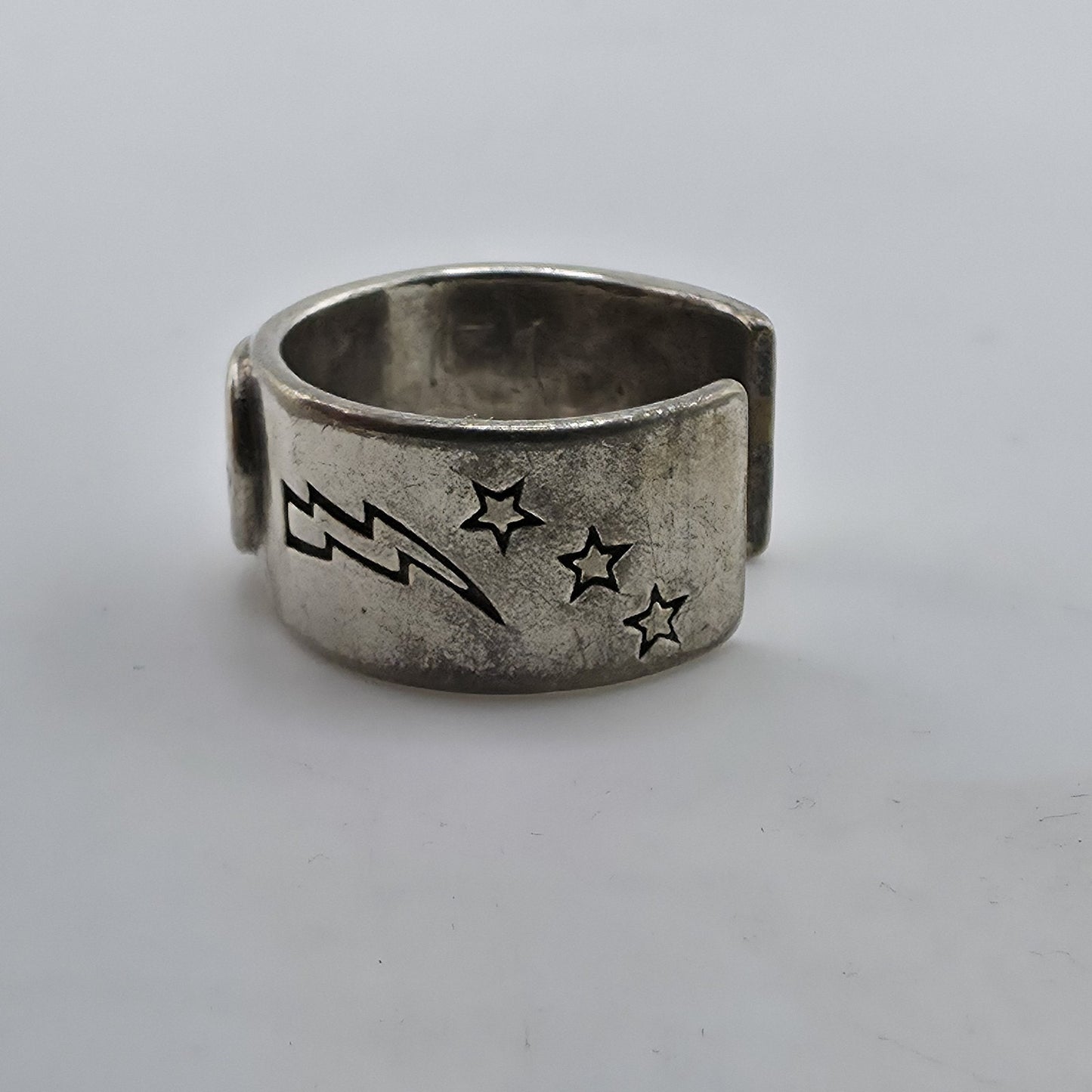 Sterling Silver 925 Smiley Face Ring Size 9 Wide Band Lightning Star Vintage