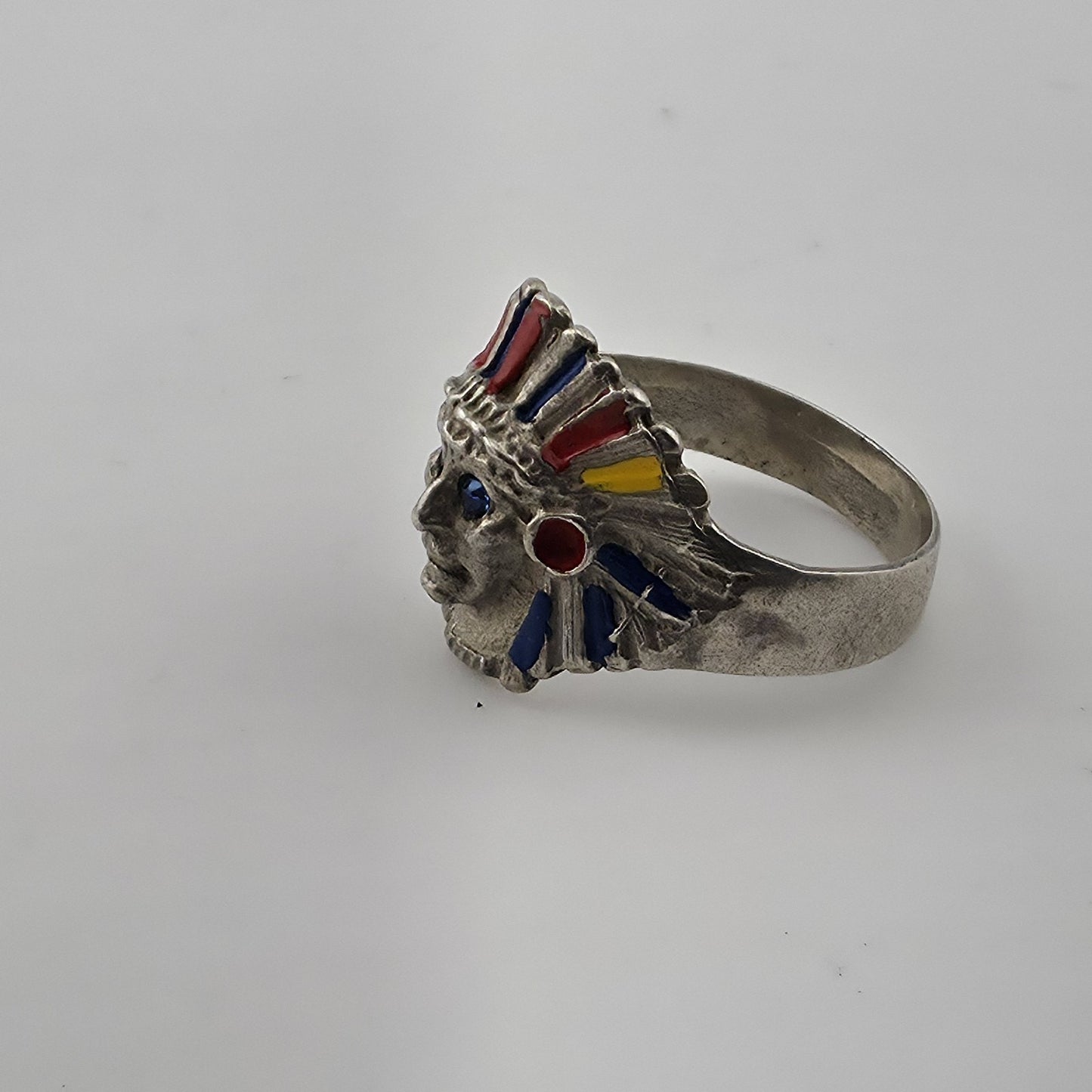 Vintage 925 Sterling Silver Enamel Chief Head Ring Native Blue Stone Eyes 7.5