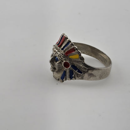 Vintage 925 Sterling Silver Enamel Chief Head Ring Native Blue Stone Eyes 7.5