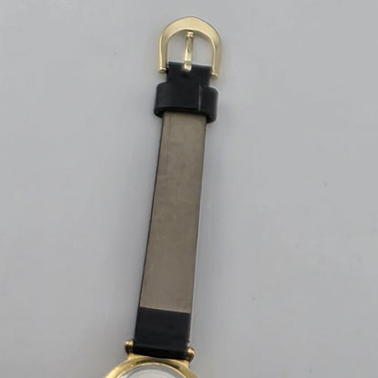 Vintage Timex Quartz Women's Gold Tone Dress Watch Black Strap Runs 6.75 Wrist