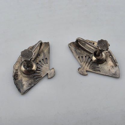 Vintage Siam Sterling Silver Niello Fan Screw Back Earrings Made In Siam Thai
