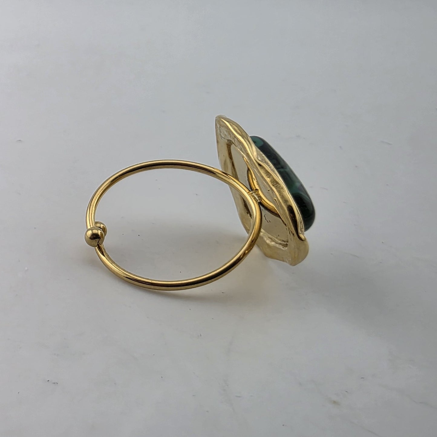Green Malachite Style Adjustable Ring Gold Tone Stainless Steel Statement