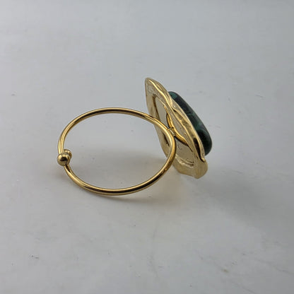 Green Malachite Style Adjustable Ring Gold Tone Stainless Steel Statement