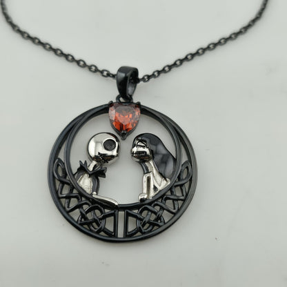 Nightmare Before Christmas Jack & Sally Heart Pendant Necklace 925 16” Gothic