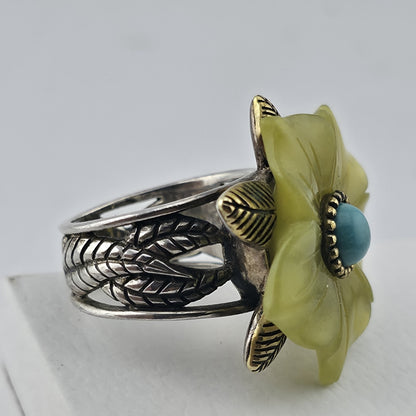 Sterling Silver Bronze Flower Ring Size 7 Yellow Floral Turquoise Cabochon 925