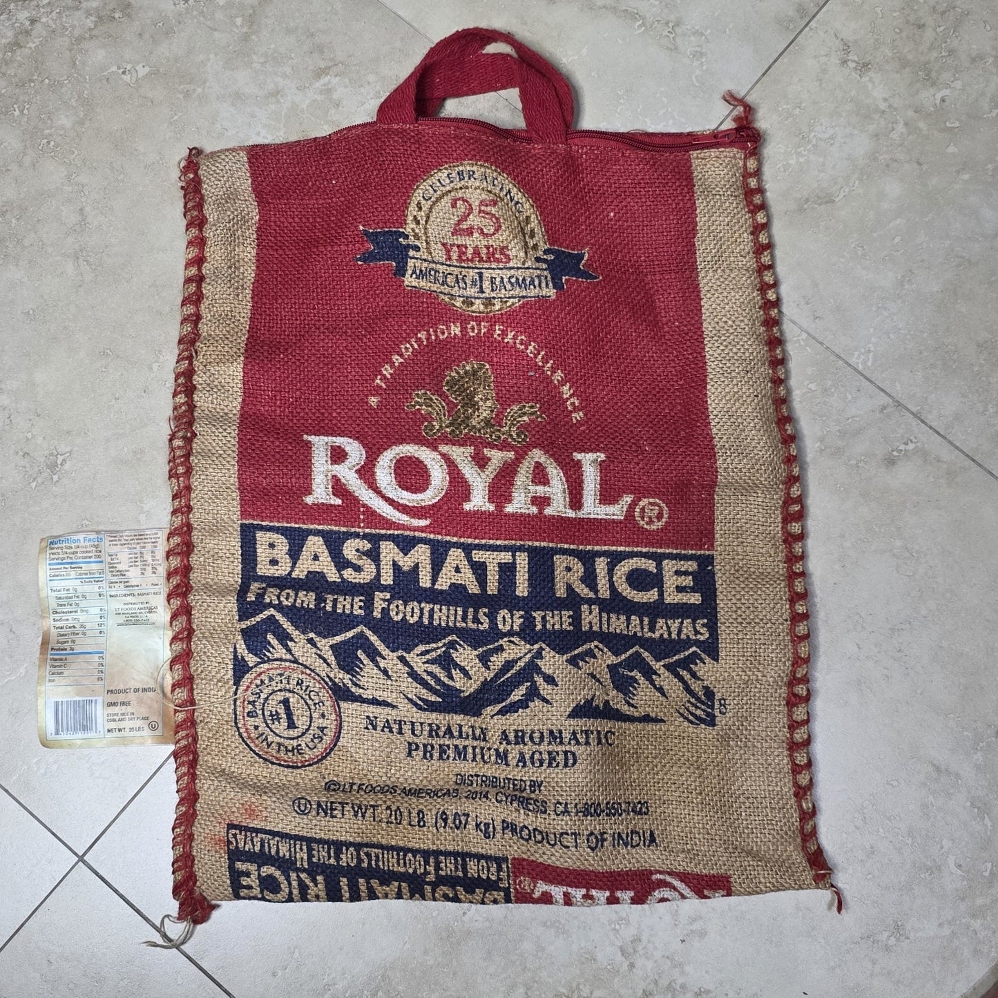 Royal Basmati Rice Burlap Tote Bag Upcycled Sack Reusable Market Bag Red