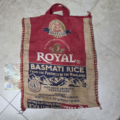 Royal Basmati Rice Burlap Tote Bag Upcycled Sack Reusable Market Bag Red