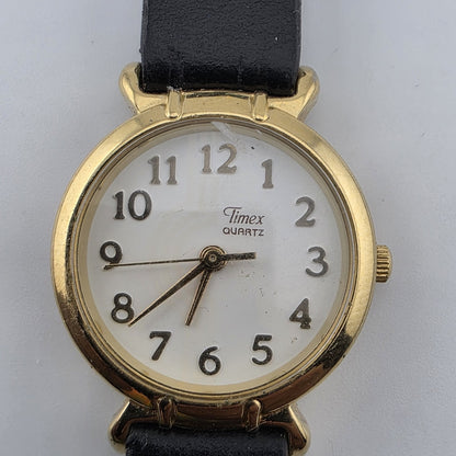 Vintage Timex Quartz Women's Gold Tone Dress Watch Black Strap Runs 6.75 Wrist