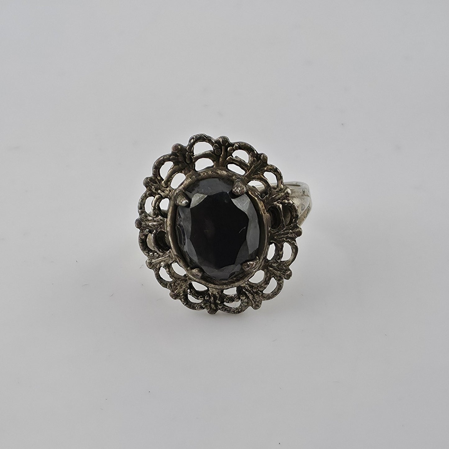 Vintage Mid Century Sterling Silver Black Onyx Ring Size 6.5 Filigree Statement