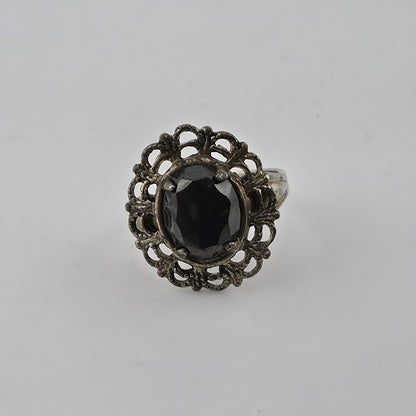 Vintage Mid Century Sterling Silver Black Onyx Ring Size 6.5 Filigree Statement