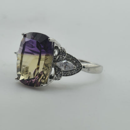 Sterling Silver 925 Ametrine Ring Size 9.25 Cushion Cut Purple Yellow Stone