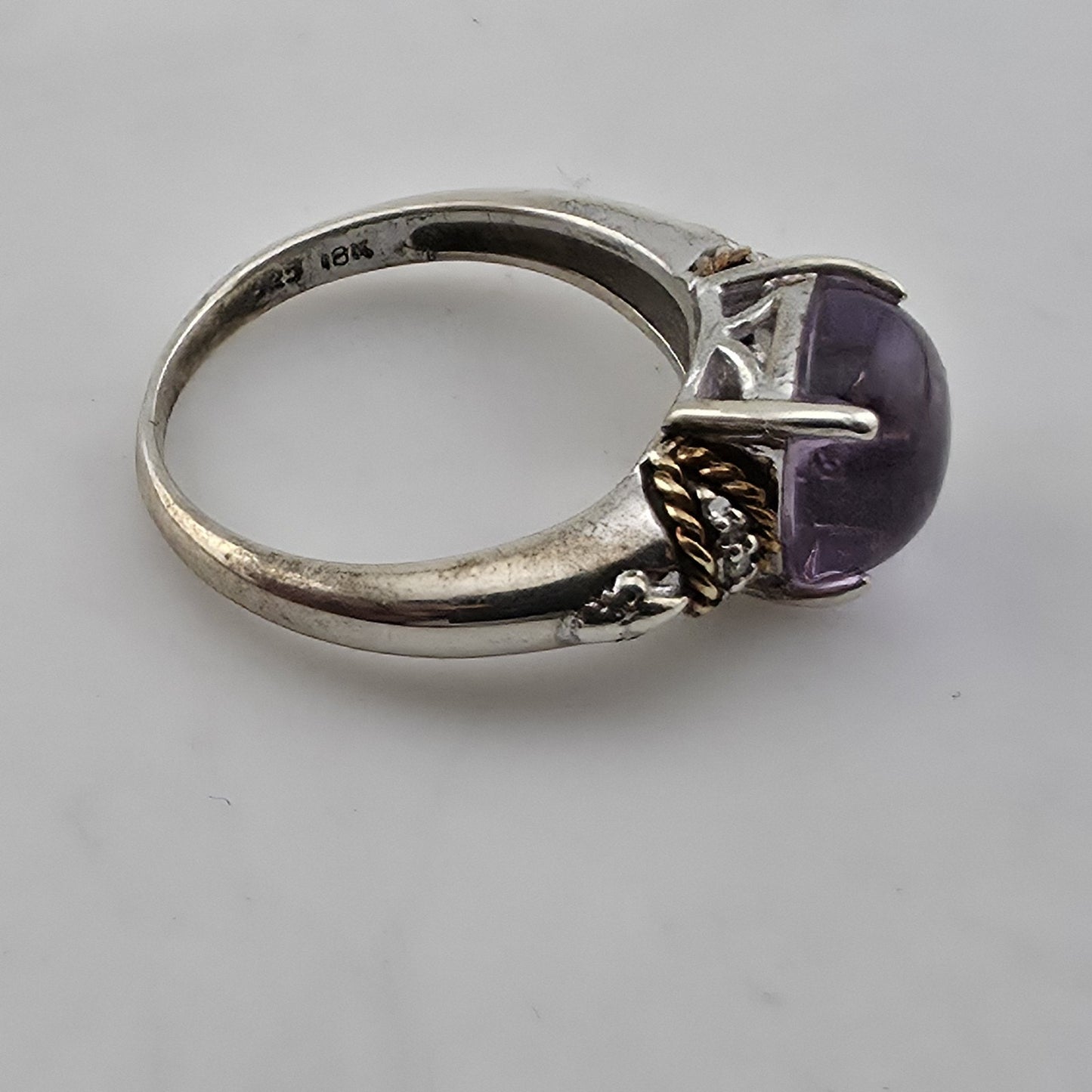 Sterling Silver & 18K Amethyst Cabochon Ring Designer Signed P G Size 5.75