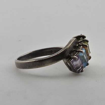 Sterling Silver Rainbow Multi-Gem Baguette Ring, Size 8 925 GNA Jewelry