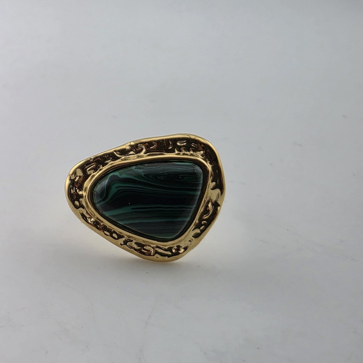 Green Malachite Style Adjustable Ring Gold Tone Stainless Steel Statement