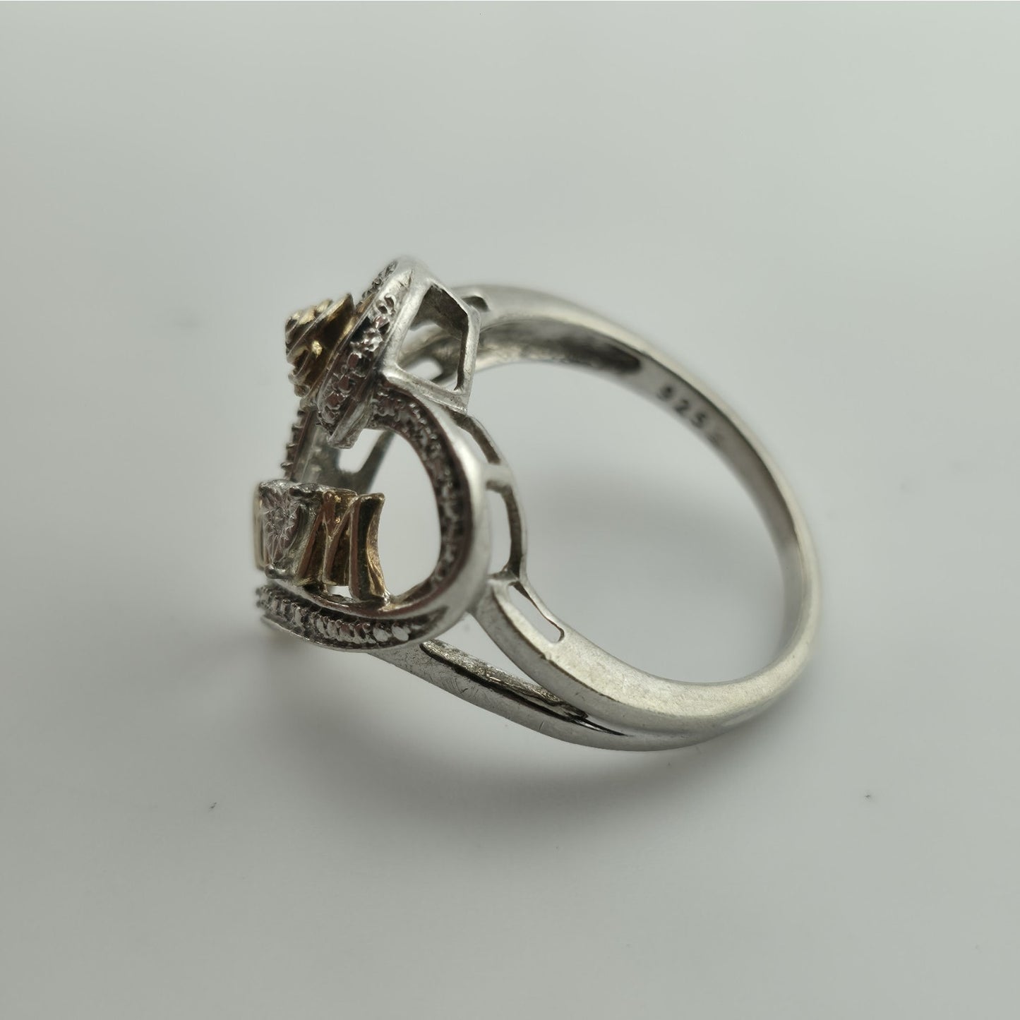 Sterling Silver Ring 925 Mom Heart Diamond Two Tone Size 8.75 Vintage