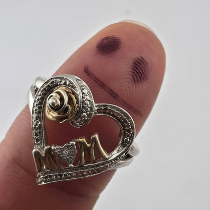 Sterling Silver Ring 925 Mom Heart Diamond Two Tone Size 8.75 Vintage
