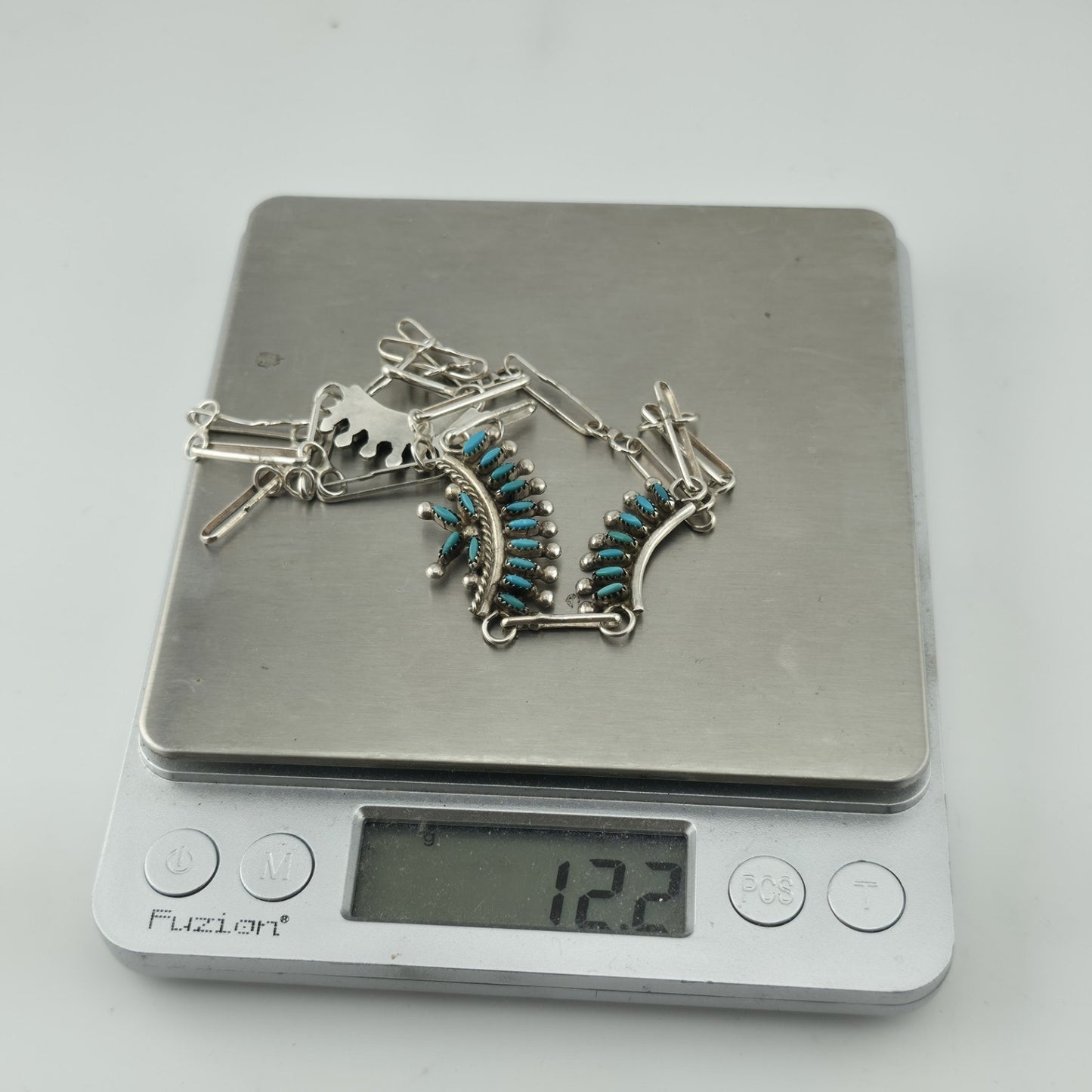 Vintage EDDAKIE Sterling Silver Turquoise Necklace Native American 14” 12g Zuni
