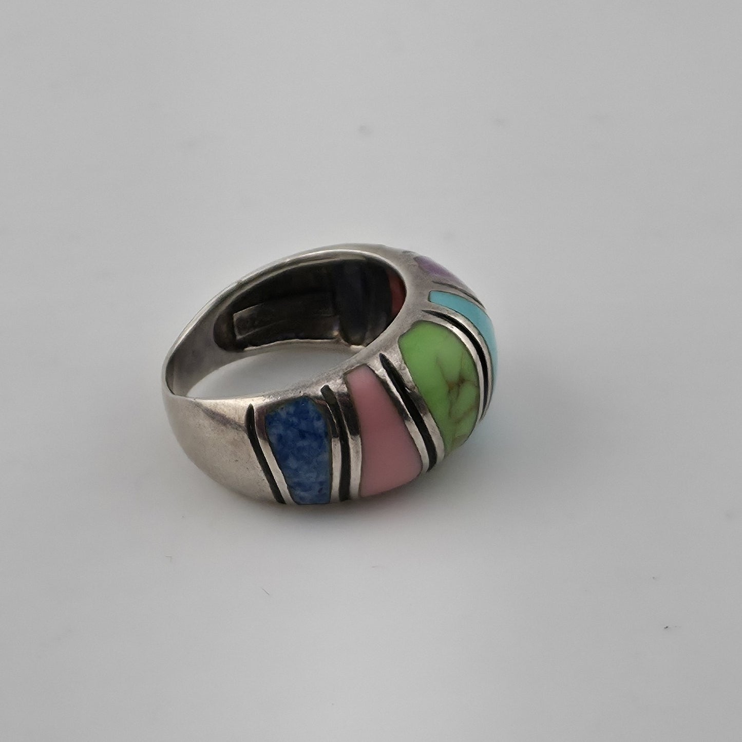 Sterling Silver Multi Color Inlay Ring Southwestern Style Dome Size 5.5
