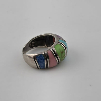 Sterling Silver Multi Color Inlay Ring Southwestern Style Dome Size 5.5